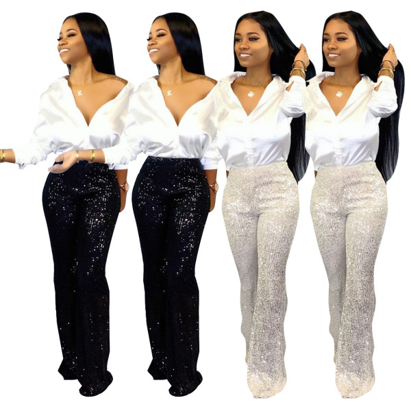 Stylish Women Sequins Shiny Lined Long Wide Legs Pants Party Trousers Q349