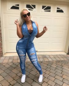 Wholesale Denim Sleeveless Bodycon Jumpsuit With Zipper SS1006