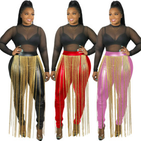 Trendy Solid Color PU Leather Women Pants With Long Tassel E8451