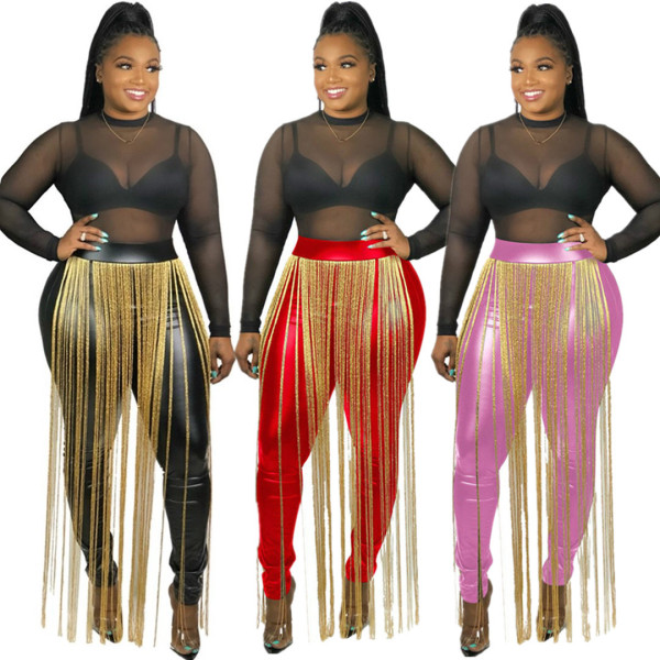 Trendy Solid Color PU Leather Women Pants With Long Tassel E8451
