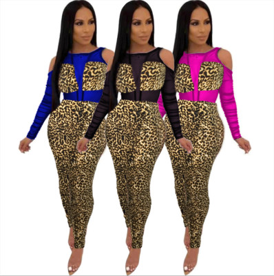 Online Sale Ladies Leopard Print Cold-Shoulder Tight Jumpsuit LA3169