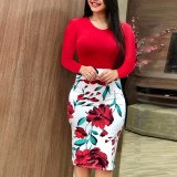 Fashion Solid Color Patchwork Floral Print Bodycon Dress ZYY2403