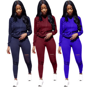 Hollow Out Pure Color Outfits Hooded Top Skinny Pants DN8140