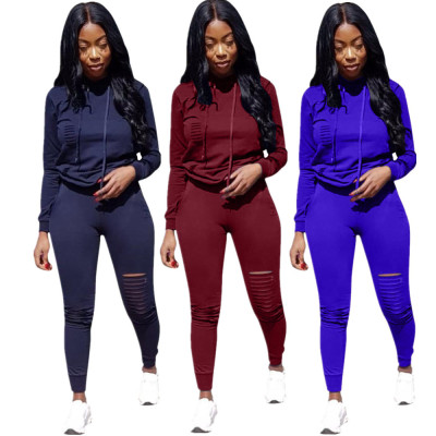 Hollow Out Pure Color Outfits Hooded Top Skinny Pants DN8140