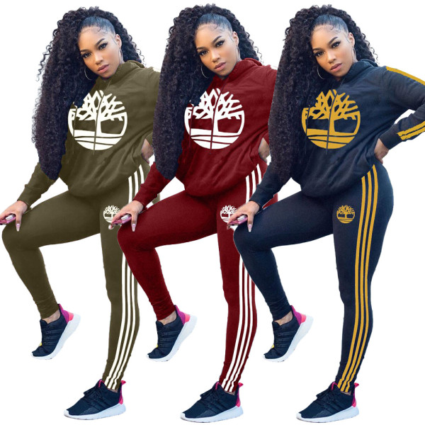 Stripe Patchwork Casual Sets Hooded T-Shirt Skinny Pants YT3190