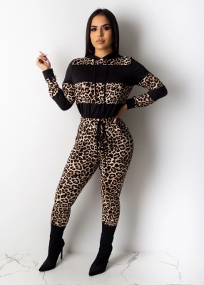 Fashion casual leopard stitching hooded suit YN9176