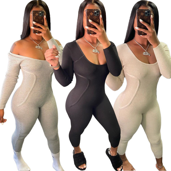 Sexy Solid Color U-Neck Long Sleeves Bodycon Jumpsuit BLX7530