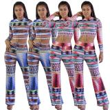National Style Leisure Sets Women Crop Top Printing Pants MDF5007