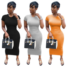 Womens fashion sexy solid color tight round neck short sleeve dress SDD9289