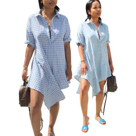 Classic Plaid Print Turn-Down Collar Irregular Leisure Dress WY6471