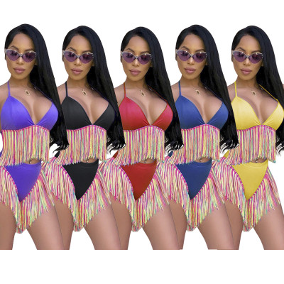 Mature Women Fashion Swimming Tassel 2 Pieces Bikini Sets SMD636