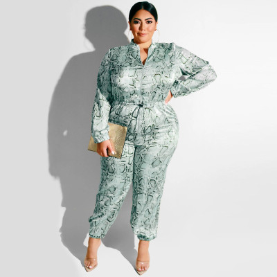 Leopard-print satin zipper drawstring foot casual jumpsuit OSS19376
