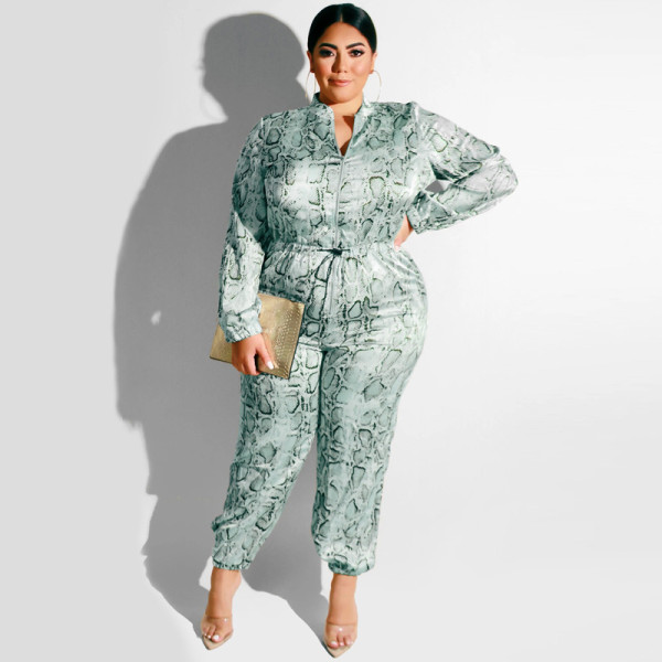Leopard-print satin zipper drawstring foot casual jumpsuit OSS19376