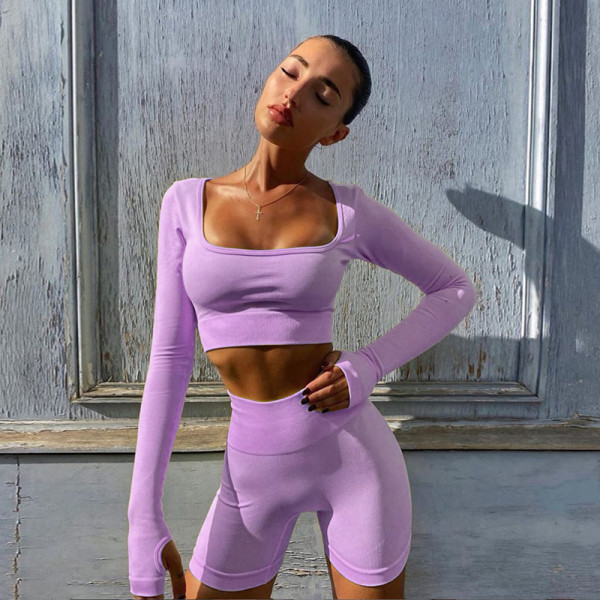 Summer Solid Color Long Sleeves Mini Top And shorts Two Pieces Sets S1737649