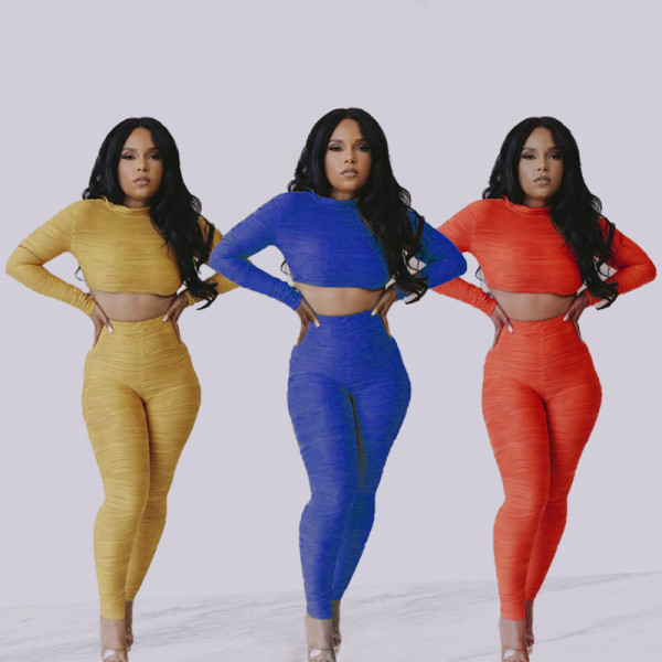 Fashion Solid Color Round Neck Long Sleeves Cropped Top With Trousers Pleated Two Piece Set MG8032