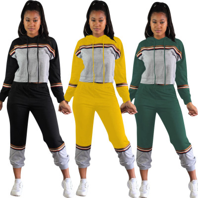 Fashion Contrast Stitching Long Sleeves Hooded Sweater With Pants Two Piece Set OEP6216