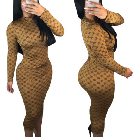 Casual Long Sleeves Skinny Print Ankle Dress YZ1650