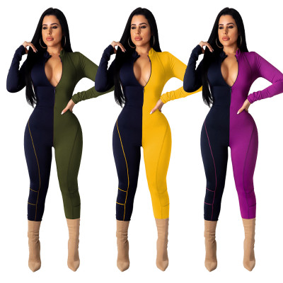 New Style Zip Up Contrast Color Women Skinny Jumpsuit TRS995