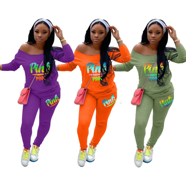 Casual Letter Printed Round Neck Long Sleeves T-Shirt With Trousers Two Piece Set H1536