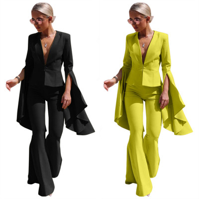Oversize Solid Color Irregular Outfits V Collar Suit Flare Pants LS8021