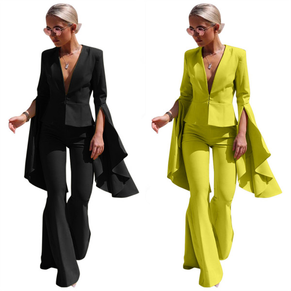 Oversize Solid Color Irregular Outfits V Collar Suit Flare Pants LS8021