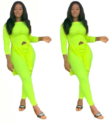 Split T-Shirt Tight Leggings Cheap Plain Color Leisure Sets YM8062