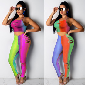 Factory Price Gradient Color Hollow Out 2 Pieces Tight Suits K8757