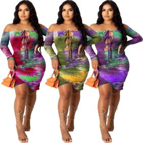 Urban casual tie-dye printing one-neck tie dress T3431H