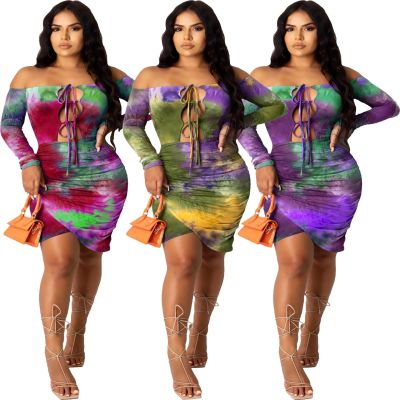 Urban casual tie-dye printing one-neck tie dress T3431H