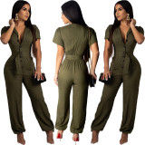 Women Pure Color High Waist Jumpsuit With Belt OMY5097