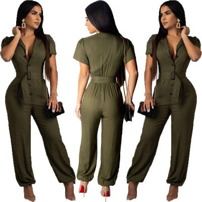 Women Pure Color High Waist Jumpsuit With Belt OMY5097