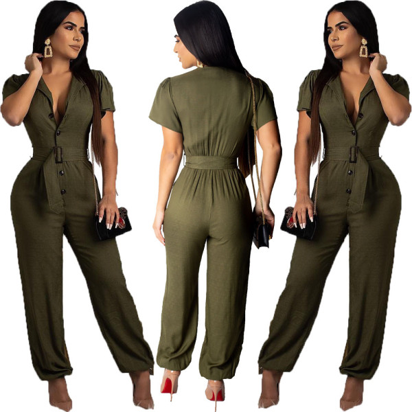 Women Pure Color High Waist Jumpsuit With Belt OMY5097