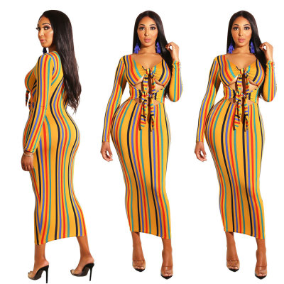 Latest Stripe Long Sleeves Midi Dress For Ladies WMZ2381