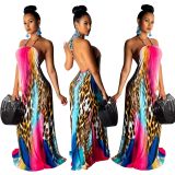 Unique Sexy Backless Printing Halter Neck Maxi Dress SY8349