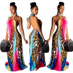 Unique Sexy Backless Printing Halter Neck Maxi Dress SY8349