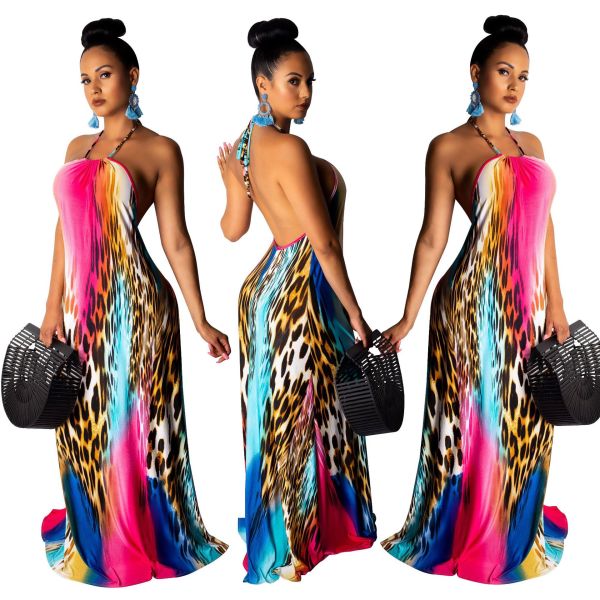 Unique Sexy Backless Printing Halter Neck Maxi Dress SY8349
