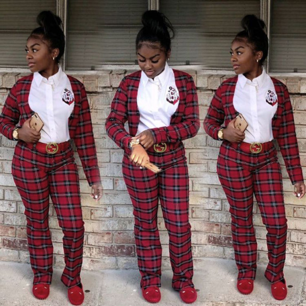 Hot Sale Bodycon Elegant 2 Pieces Ladies Plaid Career Suits S6178