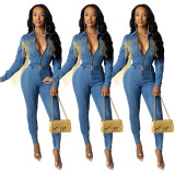 Euramerican Slim Bodycon Denim Belted Jumpsuit With Tassel NK060