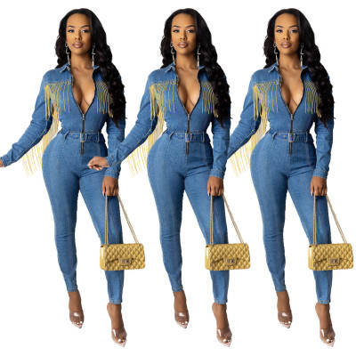 Euramerican Slim Bodycon Denim Belted Jumpsuit With Tassel NK060