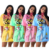 Lovely Loose T-Shirt Cartoon Printing Round Neck Dress TRS946
