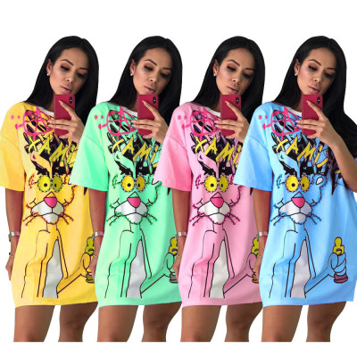 Lovely Loose T-Shirt Cartoon Printing Round Neck Dress TRS946
