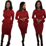 Long Sleeves Red Pencil Bodycon Midi Dress L0161