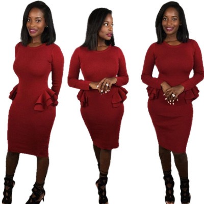 Long Sleeves Red Pencil Bodycon Midi Dress L0161