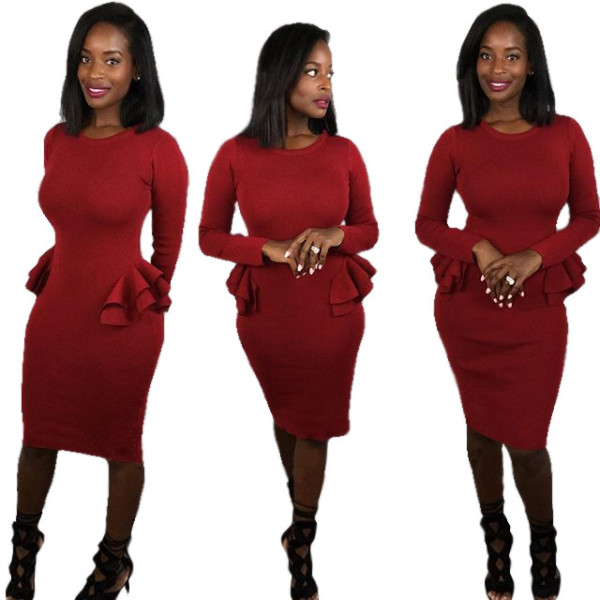 Long Sleeves Red Pencil Bodycon Midi Dress L0161
