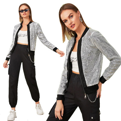 New Style Women Casual Silver Sequined Jacket TRS2006