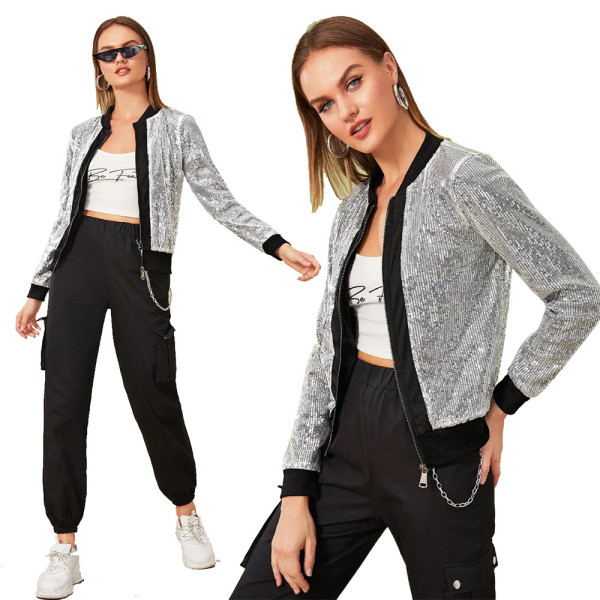 New Style Women Casual Silver Sequined Jacket TRS2006