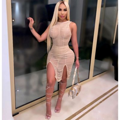 Solid color ruffle sexy split dress R6314