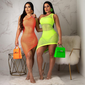 Sexy Irregular Perspective Single Shoulder Mesh Dress KA7043