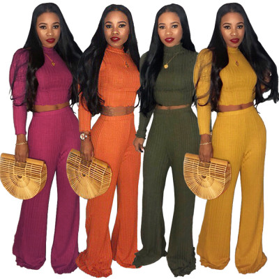 Trendy Sweater Solid Outfits Crop Top Wide Leg Pants GL6072