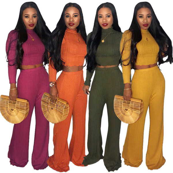 Trendy Sweater Solid Outfits Crop Top Wide Leg Pants GL6072